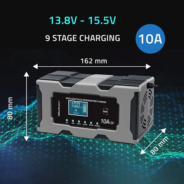 Qoltec Inteligentna mikroprocesorinis kroviklis 12V 10A | Prostownik su funkcija naprawy do akumulatora AGM GEL LiFePO4