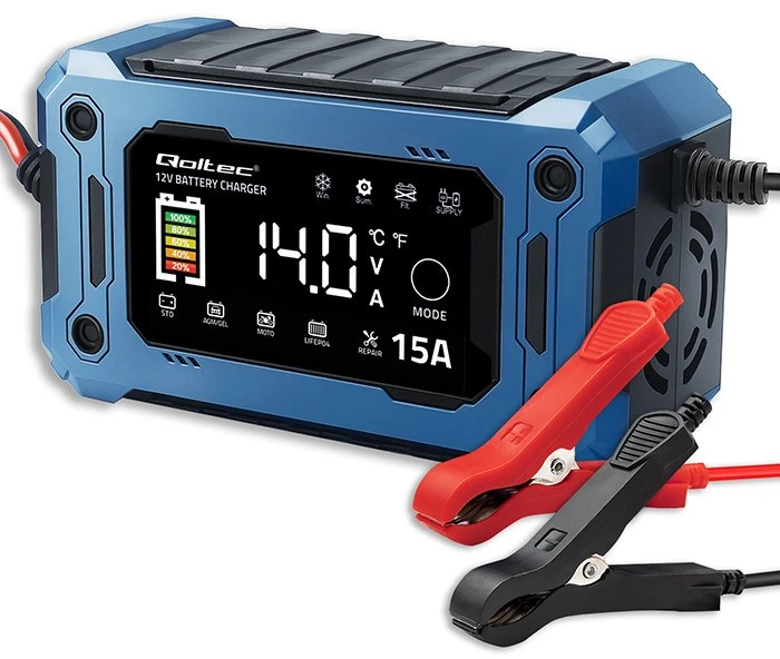 Qoltec 52496 įkroviklis 12V 15A | Lygintuvas su remonto funkcija ir maitinimo palaikymu keičiant akumuliatorių | skirtas AGM GEL LiFePO4 | LCD