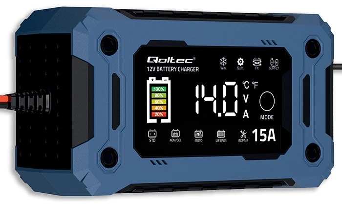 Qoltec 52496 įkroviklis 12V 15A | Lygintuvas su remonto funkcija ir maitinimo palaikymu keičiant akumuliatorių | skirtas AGM GEL LiFePO4 | LCD
