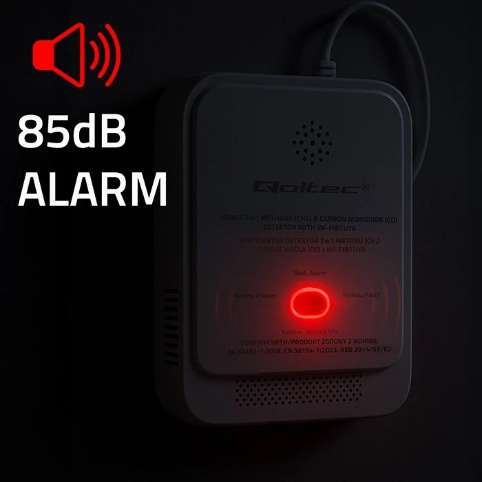 Qoltec 52654 2in1 gamtinių dujų ir anglies monoksido (CO) nuotėkio detektorius | CH4 | CO | NG | Tuya | Wi-Fi | 85 dB signalizacija | LED