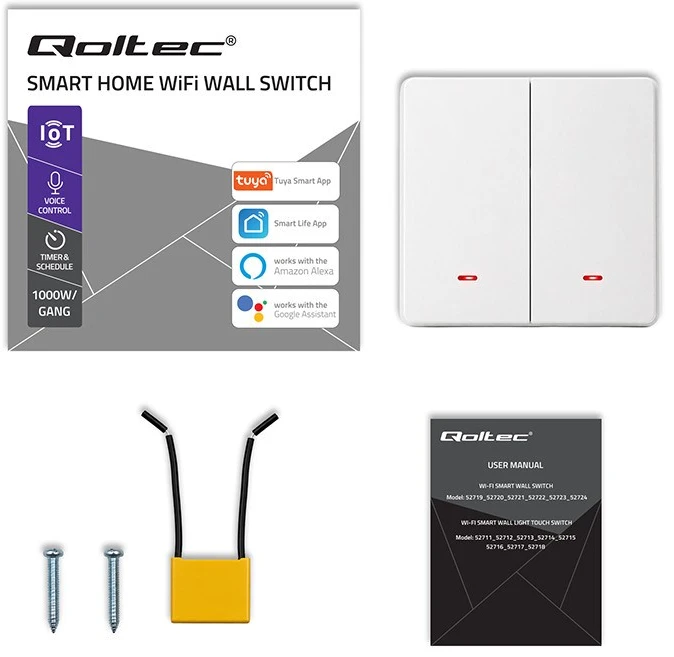 Qoltec 52706 Smart 2-Gang Light Switch | Wi-Fi | Timer | Tuya | Smart life | Baltas