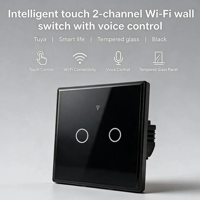 Qoltec 52712 išmanusis 2 kanalų šviesos jungiklis | Wi-Fi | Laikmatis | Tuya | Smart Life | Grūdintas stiklas | Juodas