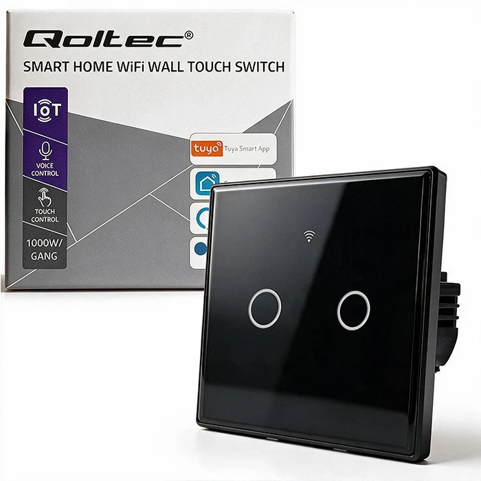 Qoltec 52712 išmanusis 2 kanalų šviesos jungiklis | Wi-Fi | Laikmatis | Tuya | Smart Life | Grūdintas stiklas | Juodas