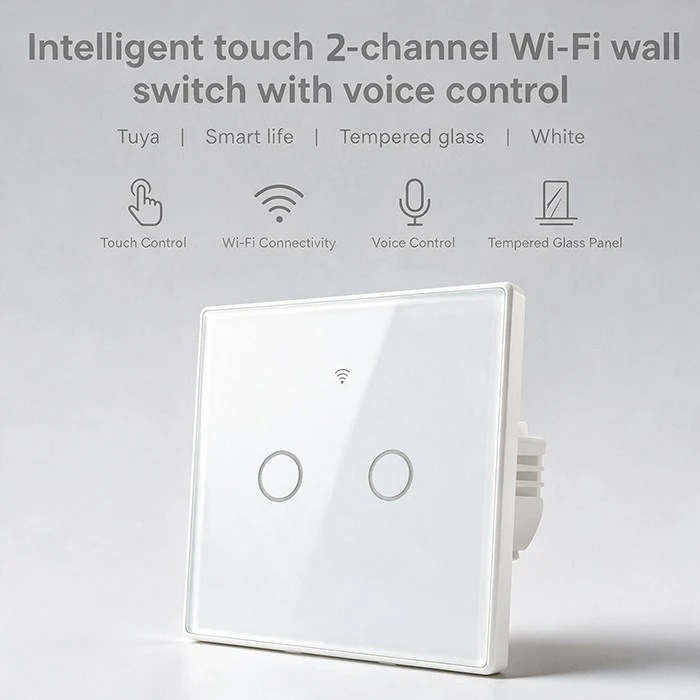 Qoltec 52716 išmanusis jutiklinis dvigubas šviesos jungiklis | Wi-Fi | Laikmatis | Tuya | Smart Life | Grūdintas stiklas | Baltas