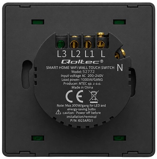 Qoltec 52722 Smart 1-Gang Light Switch | Wi-Fi | Timer | Tuya | Smart life | Juodas