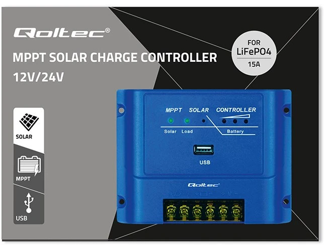Qoltec 53671 MPPT saulės įkrovimo kontroleris 15A, skirtas maitinti nuolatinės srovės vartotojus ir įkrauti 12V / 24V baterijas | LiFePO4