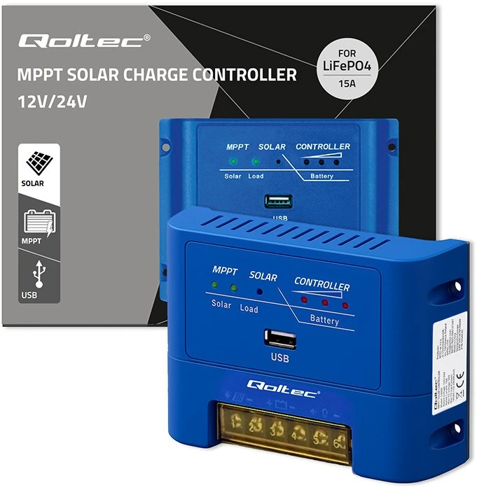 Qoltec 53671 MPPT saulės įkrovimo kontroleris 15A, skirtas maitinti nuolatinės srovės vartotojus ir įkrauti 12V / 24V baterijas | LiFePO4