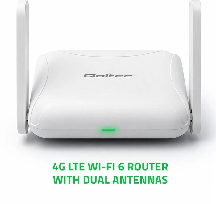 „Qoltec 56980 Home & Travel“ 4G LTE maršrutizatorius su „Wi-Fi 6“ | AX300 | 2,4 GHz | Dviguba antena | USB-C | Micro SIM