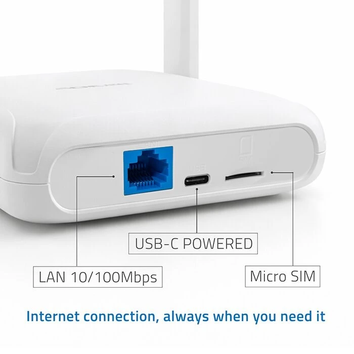 „Qoltec 56980 Home & Travel“ 4G LTE maršrutizatorius su „Wi-Fi 6“ | AX300 | 2,4 GHz | Dviguba antena | USB-C | Micro SIM