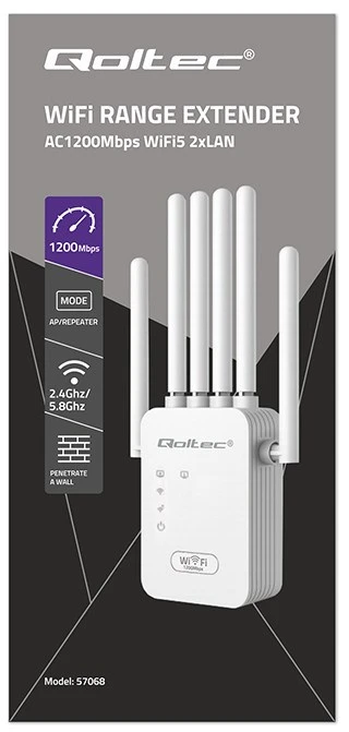 „Qoltec“ stiprintuvas, signalinis „WiFi 5“ | Kartotuvas | Prieigos taškas | AC1200 | 6 antenos | 2x RJ45 | 128 MB