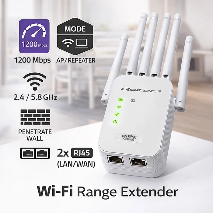 „Qoltec“ stiprintuvas, signalinis „WiFi 5“ | Kartotuvas | Prieigos taškas | AC1200 | 6 antenos | 2x RJ45 | 128 MB