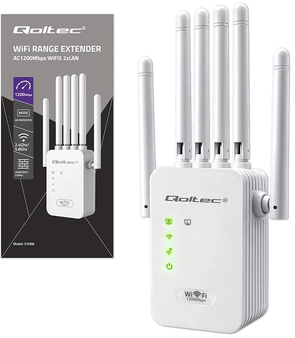 „Qoltec“ stiprintuvas, signalinis „WiFi 5“ | Kartotuvas | Prieigos taškas | AC1200 | 6 antenos | 2x RJ45 | 128 MB