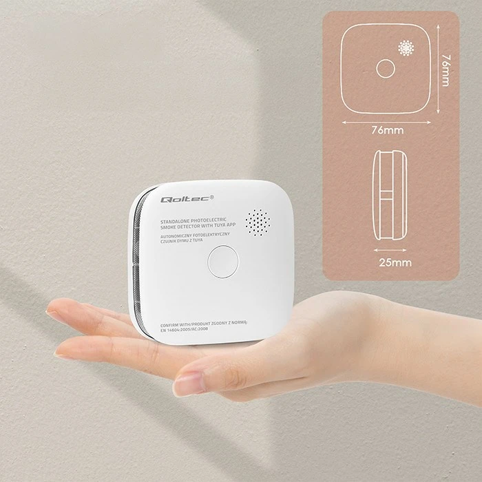 Qoltec 52579 belaidis dūmų detektorius su baterija | Tuya | Wi-Fi | jutiklio tarnavimo laikas 10 metų | signalizacija 85dB | LED