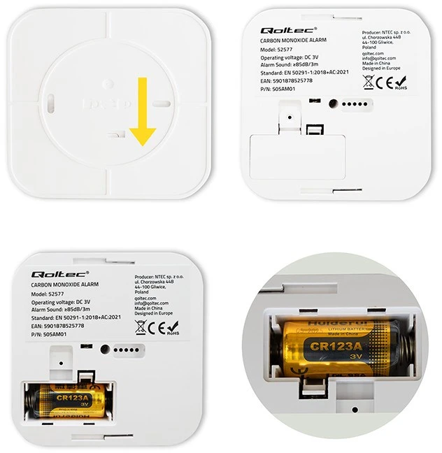 Qoltec 52577 belaidis anglies monoksido (CO) jutiklis su baterija | jutiklio tarnavimo laikas 10 metų | signalizacija 85dB | LED