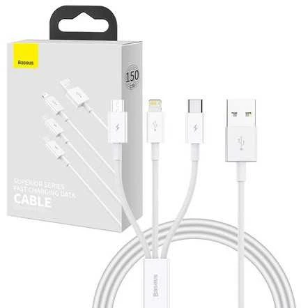 Greitas įkrovimas iš USB į M+L+C Baseus Superior Data 3.5A 1m (baltas)