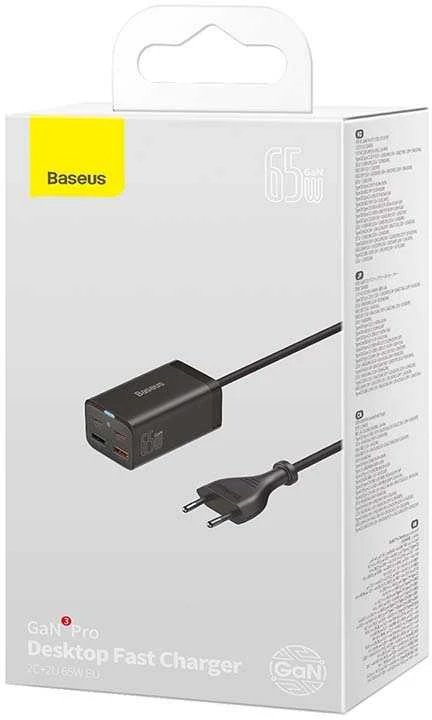 Baseus Sieninis įkroviklis GaN3 Pro 65W 2xUSB + 2xUSB-C QC4+ PD3.0 su USB-C 1.5m laidu, juodas