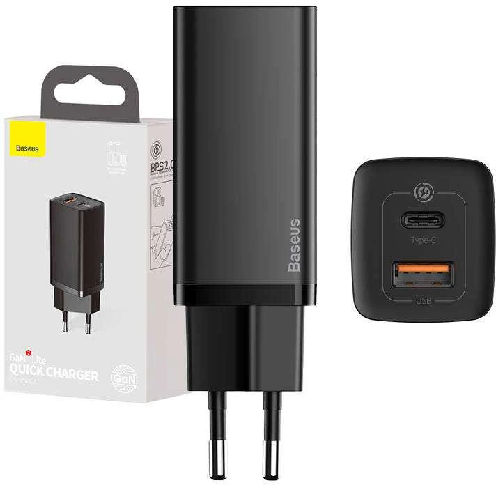 Baseus GaN2 Lite greitas kelioninis įkroviklis USB + C 65W EU - Juodas