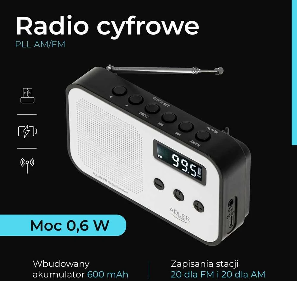 Adler | Digital radio PLL AM/FM | AD 1907 | Alarm function | Baltas/Juodas