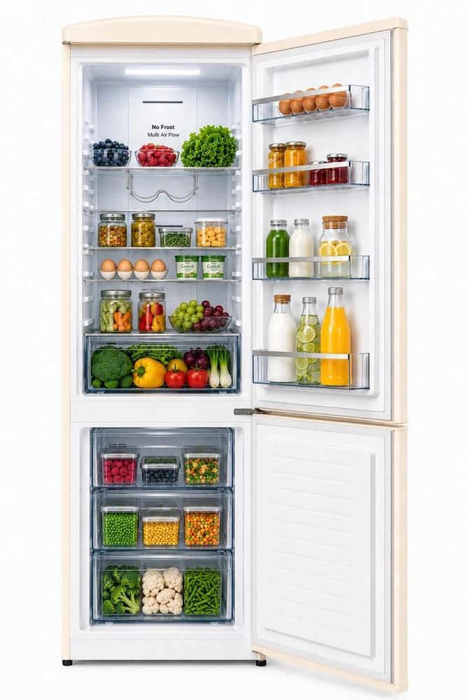 Ravanson LKK-315RM Retro Šaldytuvas 597 mm x 707 mm x 1943 mm | 315 l | Total No Frost | Energy Class E | Kreminis