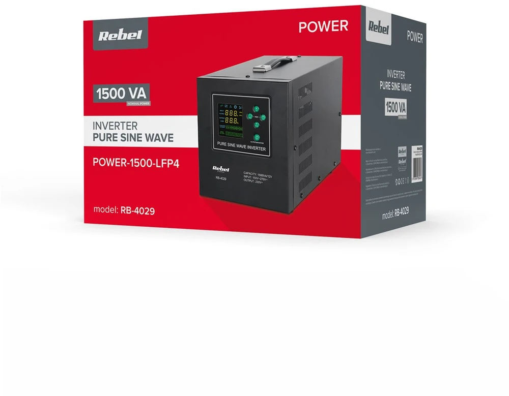 Rebel POWER-1500-LFP4 emergency power supply – a pure sine wave inverter with a 12V charging function, 230V, 1500VA/1050W