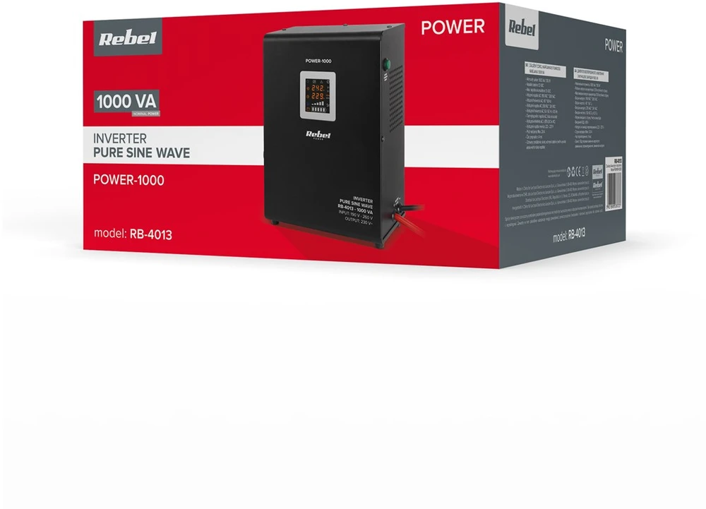 Rebel POWER-1000 Sieninis avarinis maitinimo šaltinis – grynos sinusinės bangos keitiklis su įkrovimo funkcija 12V 230V 1000VA 700W