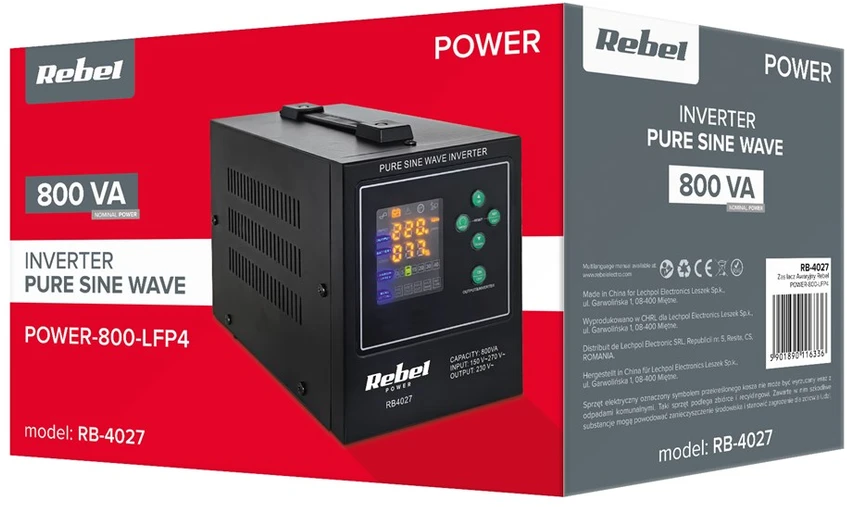Rebel POWER-800-LFP4 avarinis maitinimo šaltinis – keitiklis su gryna sinusine banga ir įkrovimo funkcija 12V 230V 800VA 500W