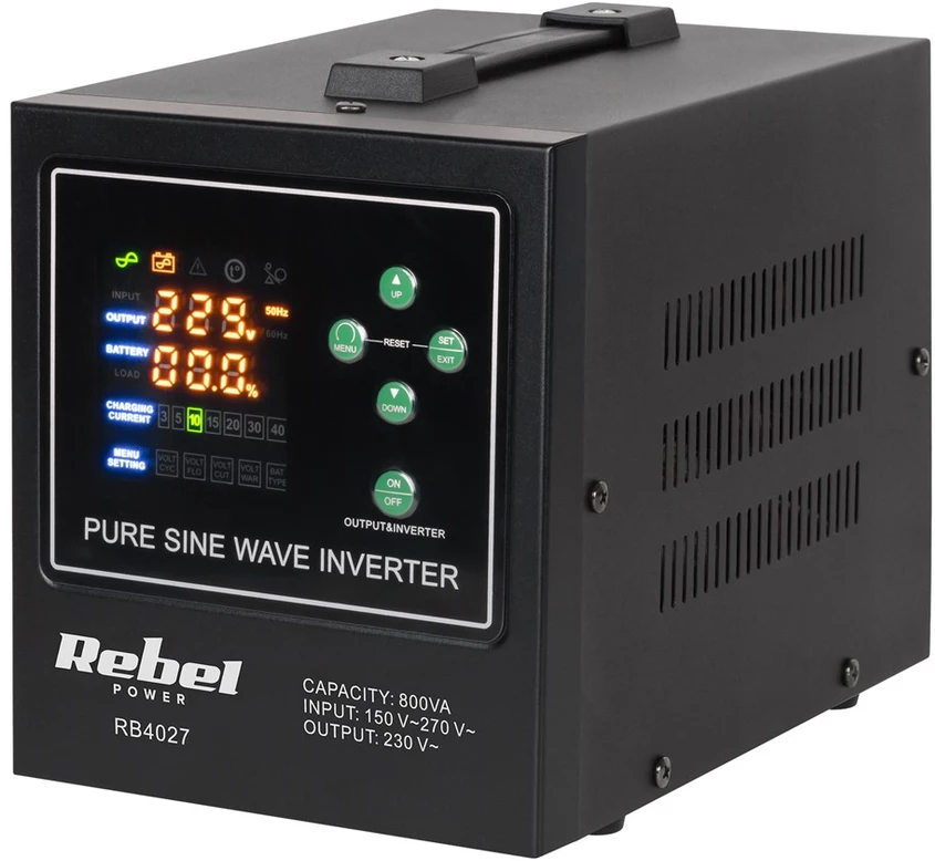 Rebel POWER-800-LFP4 avarinis maitinimo šaltinis – keitiklis su gryna sinusine banga ir įkrovimo funkcija 12V 230V 800VA 500W