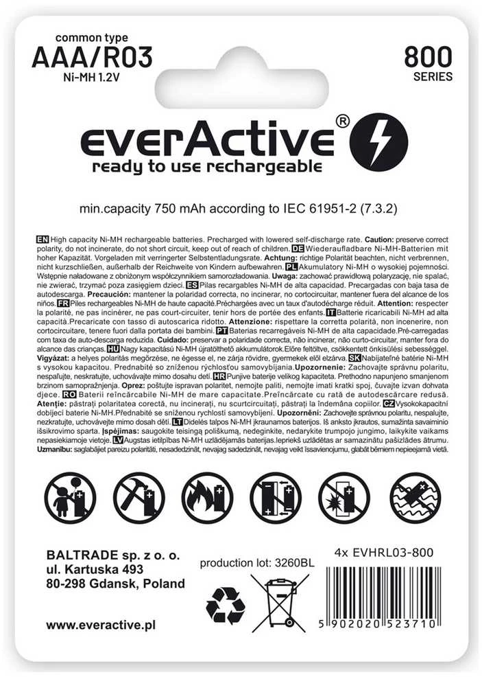 Įkraunamos baterijos „everActive Ni-MH R03 AAA“ 800 mAh „Sidabrinis Line“ - 2 vnt.