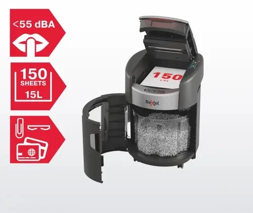 Rexel ShredMax AutoFeed+ 150M automatic paper shredder, P5, 150 sheets, 15-litre waste bin