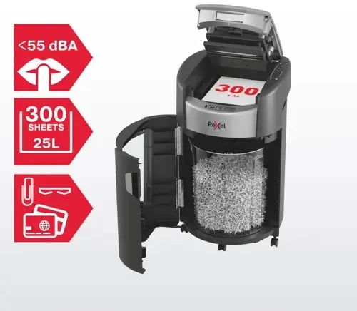 Rexel ShredMax AutoFeed+ 300X Paper Shredder, P4, 300 sheets, 25-litre waste bin