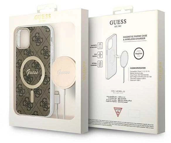 Guess Rinkinys GUBPN61H4EACSW Dėklas+ Įkroviklis Apple iPhone 11 6,1″ rudos spalvos kietas dėklas 4G Print MagSafe