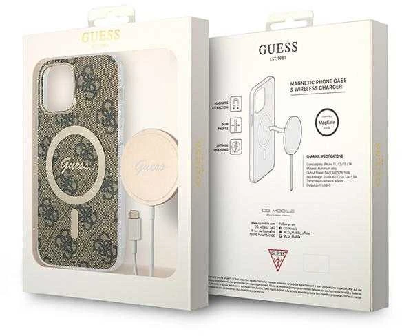Guess Rinkinys GUBPP12MH4EACSW Dėklas+ Įkroviklis Apple iPhone 12/12 Pro rudos spalvos kietas dėklas 4G Print MagSafe