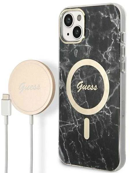 Guess Rinkinys GUBPP14MHMEACSK Dėklas+Įkroviklis iPhone 14 Plus / 15 Plus 6.7″ juodos spalvos kietas dėklas Marbl