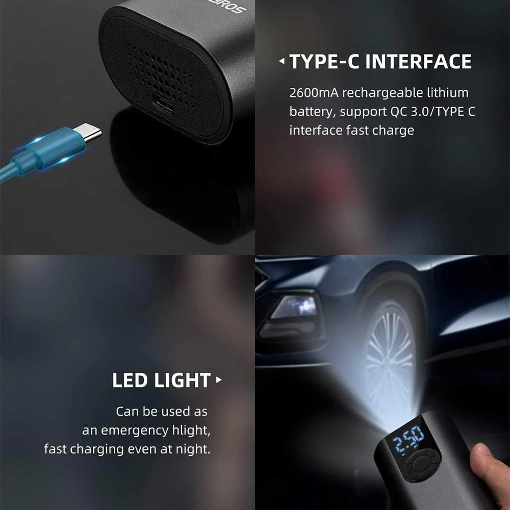 Elektryczna pompka do roweru Rockbros 42720001001 su wyświetlaczem LED + kabelis USB-C - USB-A - juoda