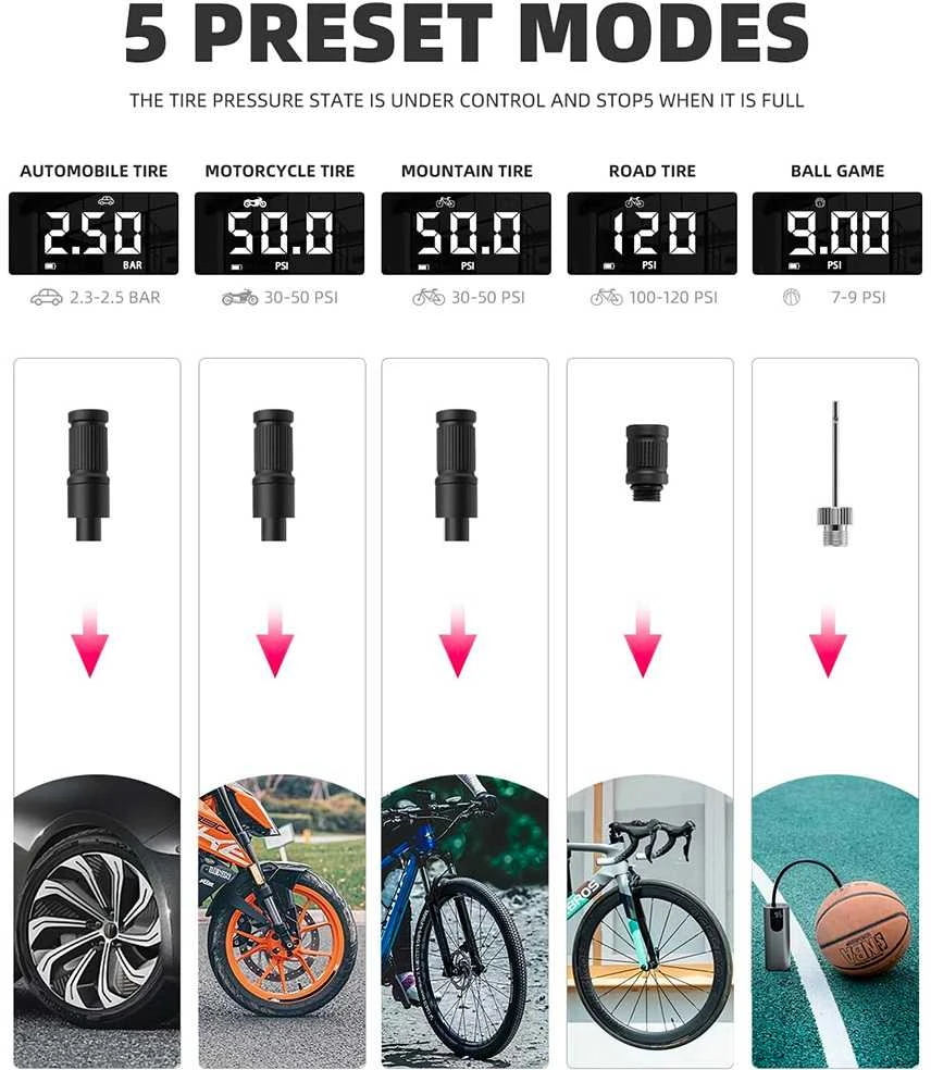 Elektryczna pompka do roweru Rockbros 42720001001 su wyświetlaczem LED + kabelis USB-C - USB-A - juoda