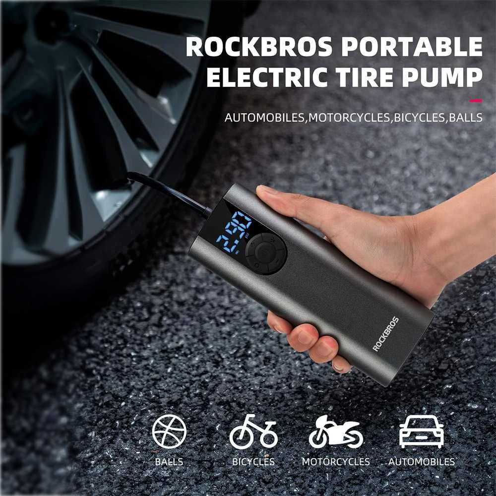 Elektryczna pompka do roweru Rockbros 42720001001 su wyświetlaczem LED + kabelis USB-C - USB-A - juoda