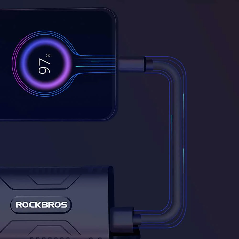 Rockbros 24310002001 dviračio žibintas 850 lm su išorinės baterijos funkcija + USB-C ir USB-A laidas – juodos spalvos