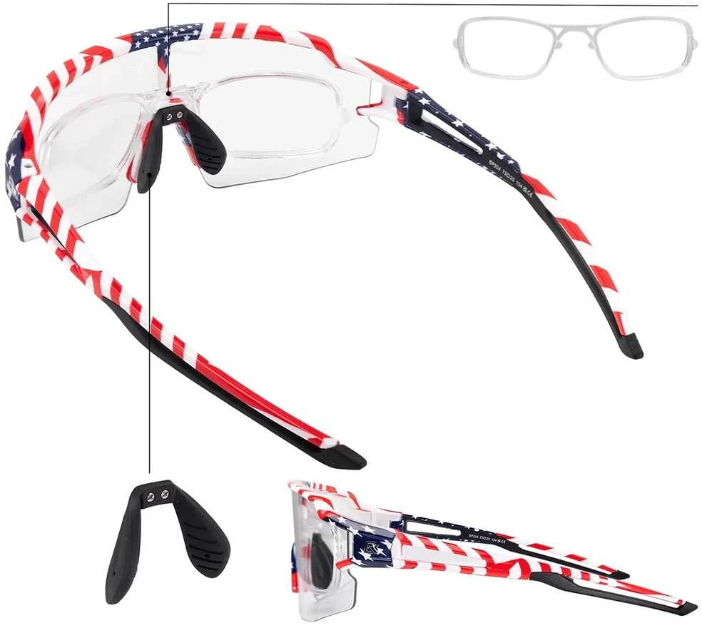Rockbros dviratininko akiniai Photochromic su UV apsauga ir Corrective Insert 14120008002 – USA Pattern – baltos spalvos