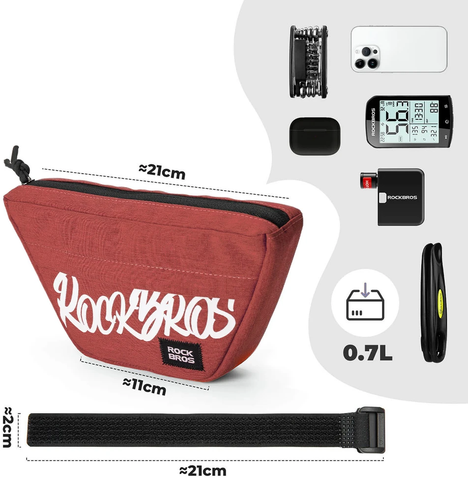 Rockbros G011 „Flash Journey“ trapecijos formos dviračio krepšys su vairu, 0,7 l – raudonas