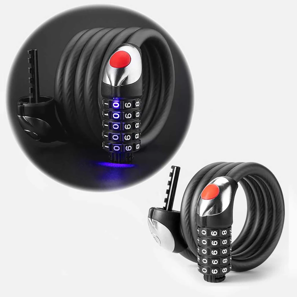 Rockbros RKS531 dviračio spyna su 5 skaitmenų kodu, plieniniu lynu, 120 cm, su LED apšvietimu - juodas