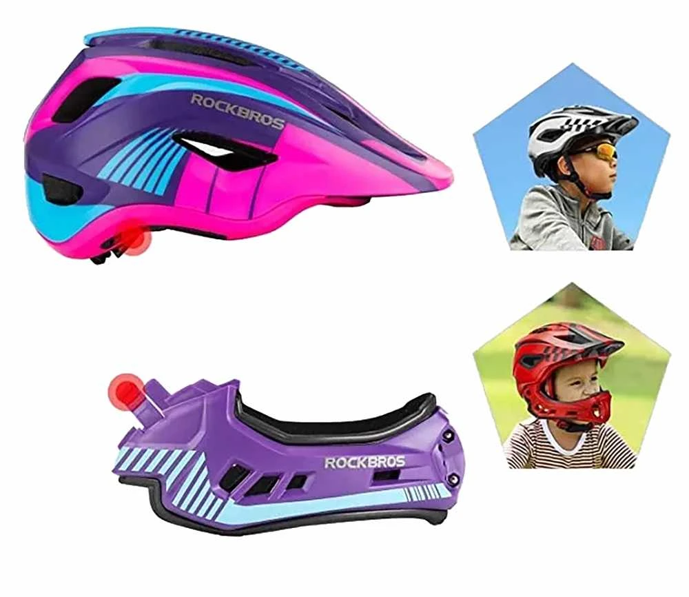 Rockbros TT-32SBPP-M vaikiškas dviračio šalmas su nuimamu smakro apsauga, dydis M – violetinė-rožinė
