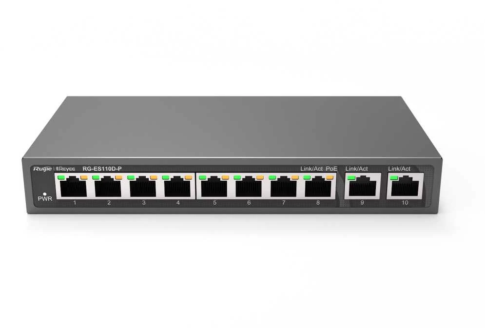Šakotuvas Ruijie RG-ES110D-P 8-port 10/100Mbps 6kV 5.6Gbps 8 PoE+ Slēdzis Melns