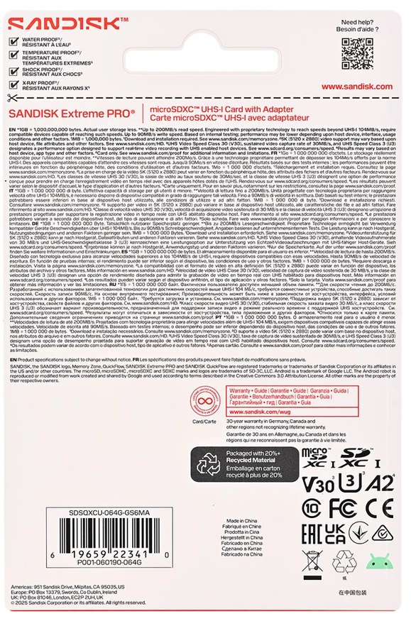 Atminties kortelė SanDisk Extreme PRO Micro SD UHS-I 64 GB Micro SDHC