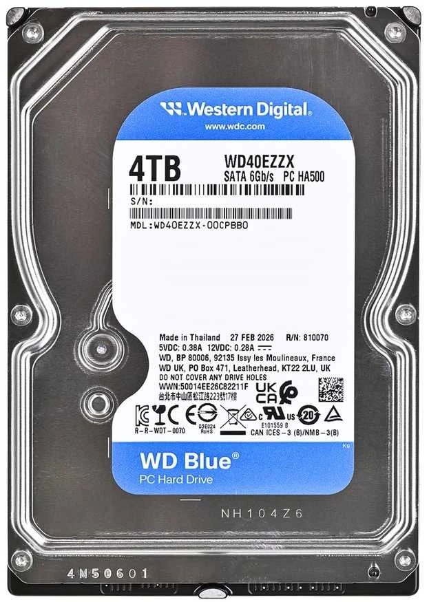 „Sandisk Western Digital WD Mėlyna“ 3,5 colio kompiuterio vidinis kietasis diskas, 4 TB, 5400 RPM, 128 MB, 3,5 colio, „Serial ATA III“