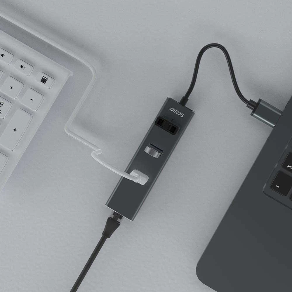 USB Hub - Savio AK-57 3x USB-A Huba su RJ-45 Gigabit Ethernet 5000 Mbit/s Pilkas