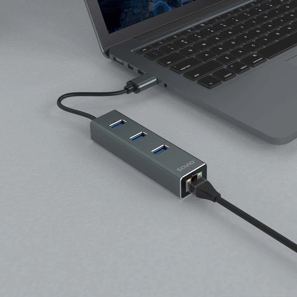 USB Hub - Savio AK-57 3x USB-A Huba su RJ-45 Gigabit Ethernet 5000 Mbit/s Pilkas