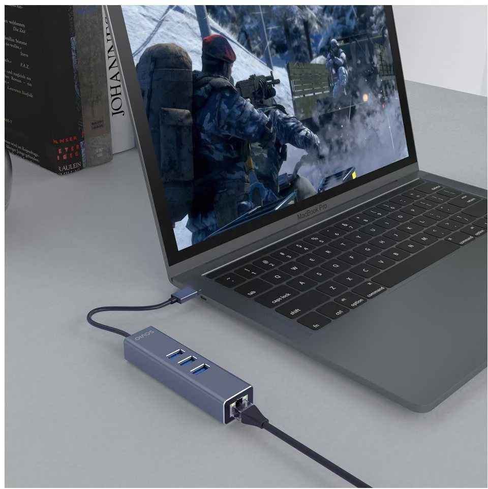 USB Hub - Savio AK-57 3x USB-A Huba su RJ-45 Gigabit Ethernet 5000 Mbit/s Pilkas