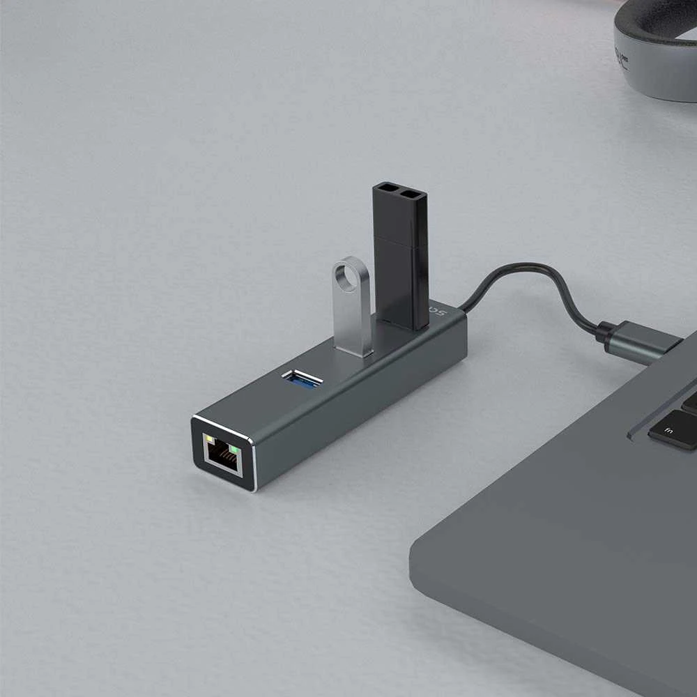 USB Hub - Savio AK-57 3x USB-A Huba su RJ-45 Gigabit Ethernet 5000 Mbit/s Pilkas