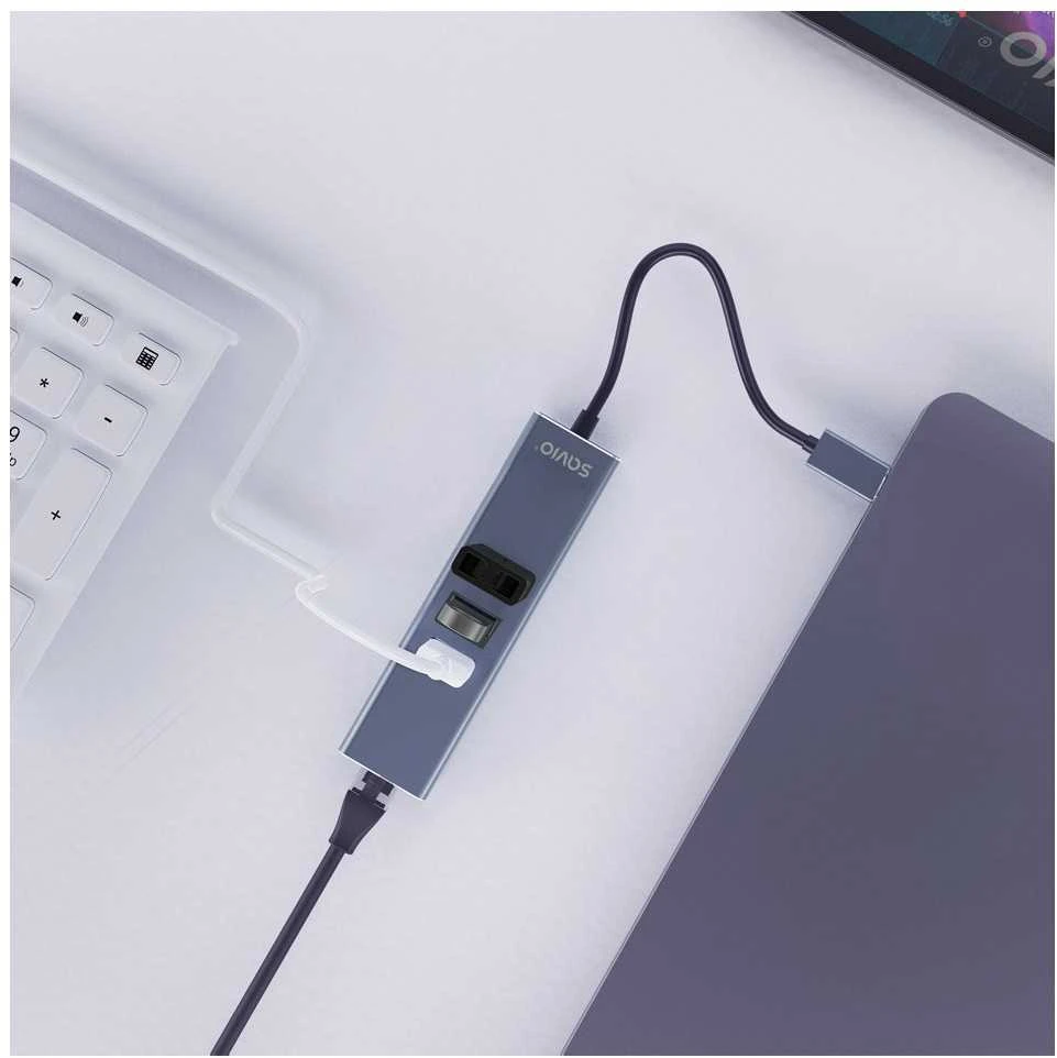 USB Hub - Savio AK-57 3x USB-A Huba su RJ-45 Gigabit Ethernet 5000 Mbit/s Pilkas