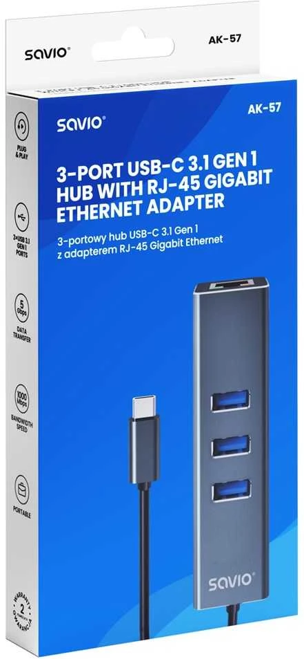 Savio AK-57 USB-C - 3 x USB-A HUB su RJ-45 Gigabit Ethernet adapteriu, 5000 Mbit/s, pilkas